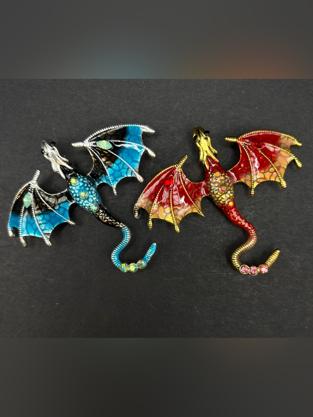 Enamel Dragon Brooch Pin Set Blue Red Gothic Fantasy Ren Faire Mythological
